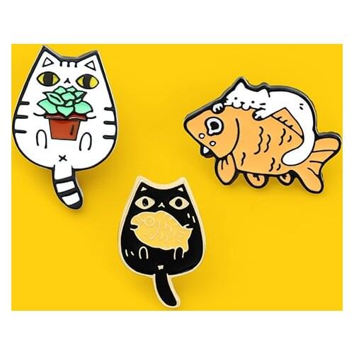 Cats and Fish cactus Enamel Pins Custom Funny Animal Brooches Bag Clothes Lapel Pin Cute Kitten Badge Jewelry Gift for Friends