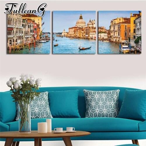 FULLCANG 5d diy diamond embroidery Venice water city scenery triptych painting full square round mosaic pattern kit FC2816