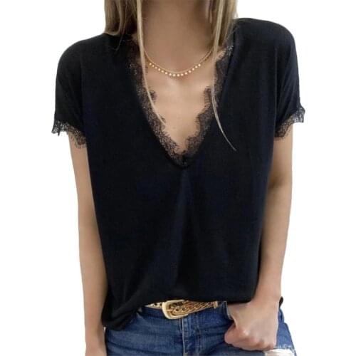 Woman tshirts Fashion Solid Color Short Sleeve tshirt Deep V Neck Lace Trim Top T-shirt женские футболки футболка женская топ
