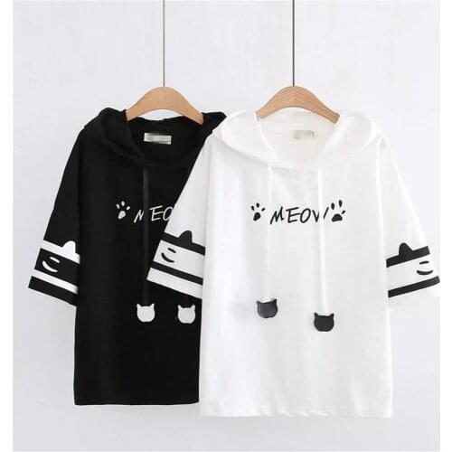Cute Cat Print T Shirt Girl Hip Hop Women Hooded T-Shirt Funny Kawaii Harajuku Tops Summer Cosplay Patchwork T Shirt Female