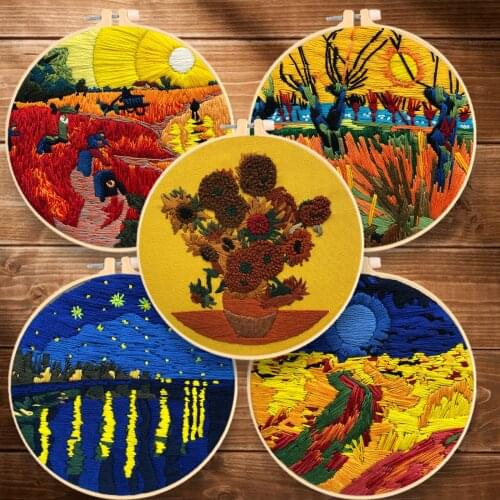 Beginner Embroidery Fabric Threads Material Bag Van Gogh Oil Painting DIY 3d Landscape Needlework Cross Stitch Kit Wall Draws
