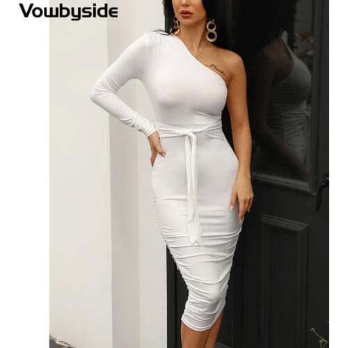Summer Womens Sexy Bag Hip Asymmetry One Shoulder Long Sleeve Solid Color Dress Knee Length Midi Dress