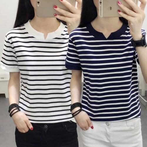 MOYISU Summer Womens T-shirt 2021 Korean New stripe V Neck Tops Casual Oversized Female Short sleeve Cotton Shirt