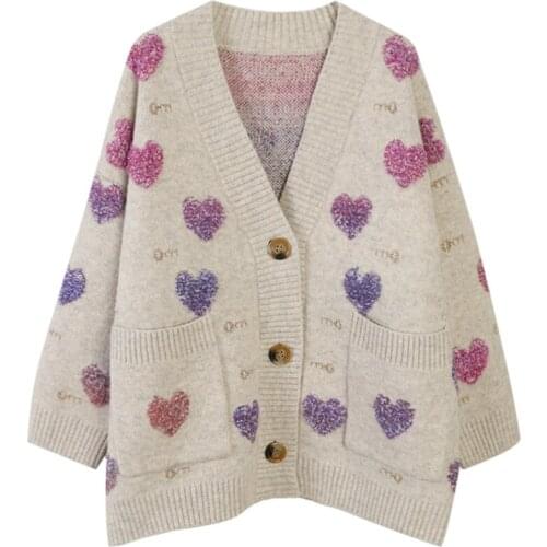 Makuluya Loose Vintage Casual Women Female High Street Knitted Sweaters Cardigan Lady Womens Girl Heart-shaped Jacquard Fashion