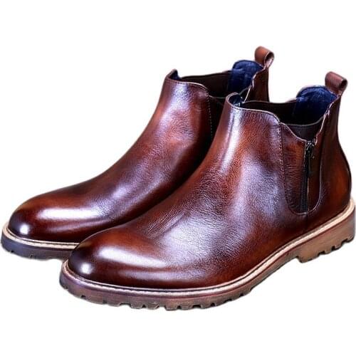 28212 Mens Business Leather Boots Casual Mens Shoes Double Zipper Soft Surface Genuine Leather Retro Trendy Ankle Boots