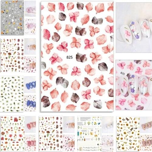 50pcs Spring Summer Colorful Flower Rose Chrysanthemum Sunflower Adhesive Sticker Decals for Nail Art Decoration Manicure