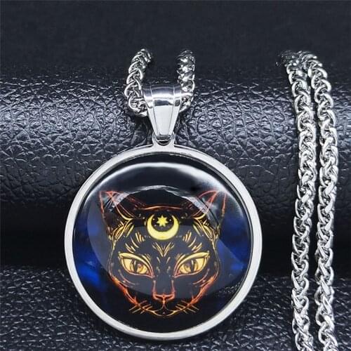 2021 Fashion Witchcraft Cat Stainless Steel Chain Necklace Women Silver Color Long Pendant Necklace Jewelry collane uomo NJ34S02