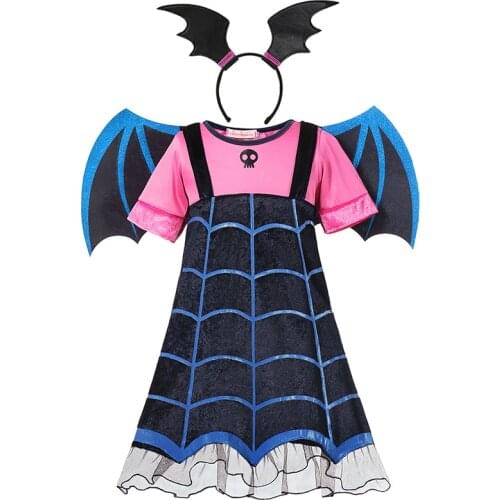 Girls Vampire Dress with Wing Kids Cospay Cartoon Clothing Child Halloween Role Play Gown Sets Vampiric Costume Vampire Fancy