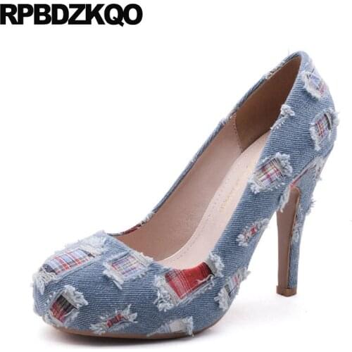 Catwalk Light Blue Women Shoes China Super Extreme High Heels 10 42 Big Size 11 43 Denim 3 Inch Ultra Pumps Round Toe Scarpin