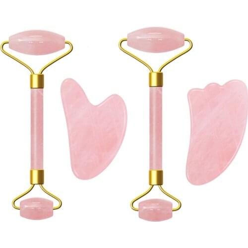 Rose Quartz Jade Roller Guasha Board Scraper Set Natural Jade Stone Face Roller Massager gouache scraper Guasha Massage Tool