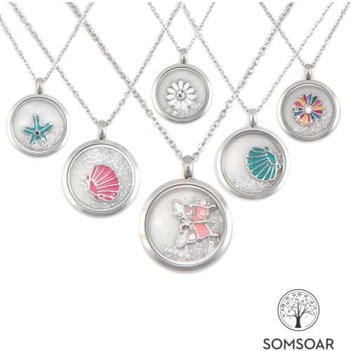 Somsoar Silvering Stainless Steel Double-sided Glass Crystal Locket Pendant Necklace with Drip accessories DIY Charms inside