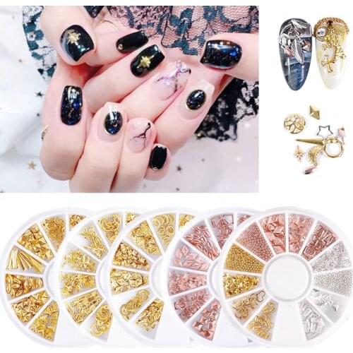 Mixed Color Gold Nail Art Alloy Studs 3D Decorations Star Moon Charm Hollow out Metal Frame Rivets Nail Sequin Accessories
