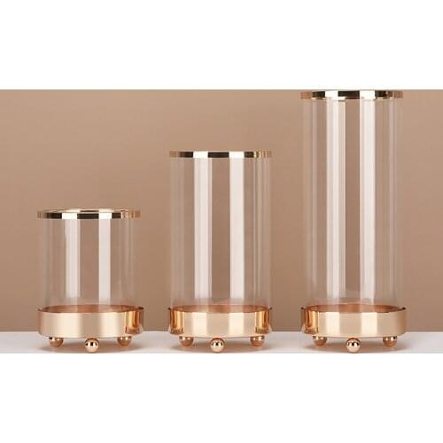 Nordic Transparent Glass Vases Artificial Plant Flower Artistic Golden Metal Edging Vase Home Decoration 3 Combined Ornaments