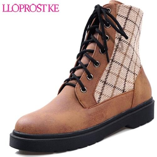 Lloprost ke Autumn 2019 Fashion Vintage Plaid Black Lace Up Ankle Motorcycle Boots Punk Women Shoes Footwear Bootie H451