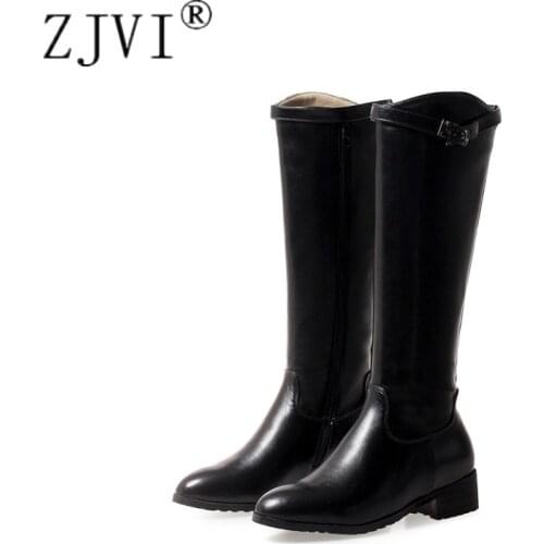 ZJVI Women Fashion Buckle Thigh High Boots 2020 Autumn Winter Knee High Boots Ladies Sexy Square Low Heels Woman Black Shoes