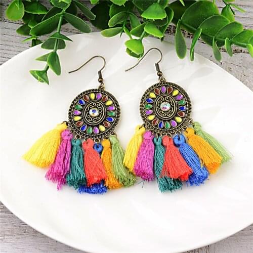 Bohemian Colorful Crystal Beads Tassel Earrings For Women Gold Color Pendientes Fringe Dangle Earrings Female Wedding Gift