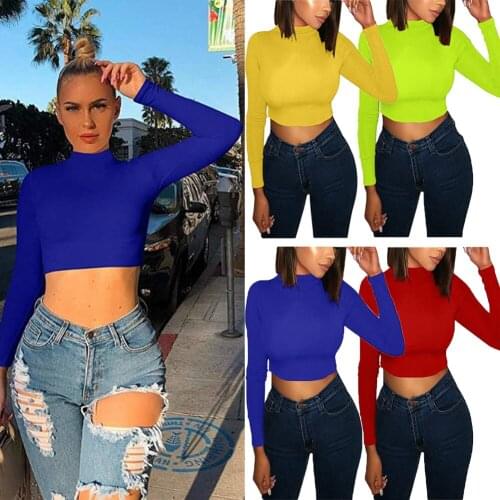 Women Solid Color Turtleneck Long Sleeve Crop Top Slim Pullover Casual Tank Base T- Shirt Fluorescent Green Top New