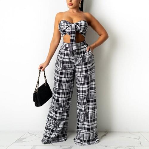 Women Two Piece Sleeveless Tie Front Pullover Tube Top & High Waist Wide Leg Pants Chic Streetwear Summer Beach