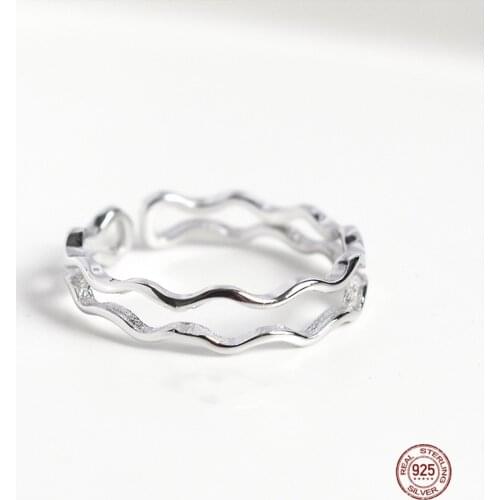 LKO 925 Sterling Silver Fashion Simple Double-Deck Waves Adjustable Opening Ring For Women OL Girl Fine Jewelry Gift Ornaments