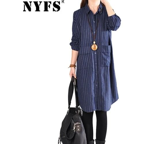 NYFS 2020 New Spring Autumn Dress Loose Cotton linen Shirt dress Vintage Striped Women Dress Female Vestidos Robe