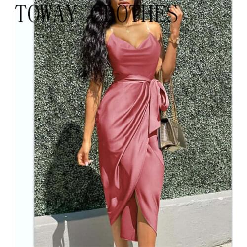 Women Sleeveless Cowl Neck Slit Ruched Party Dress Summer Belt Ruched Elegant Solid Midi Dress