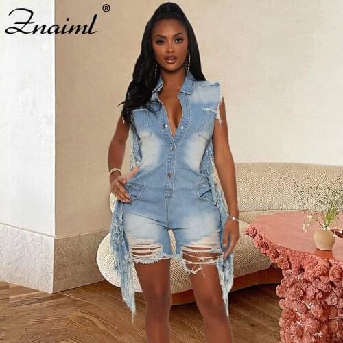 Znaiml Sleeveless Summer Rompers Women Denim Playsuit Sexy Bodycon Female Blue Jumpsuits Fashion Tassels Ripped Casual Playsuits