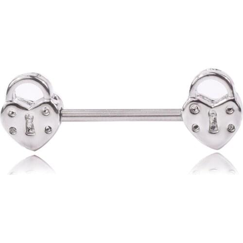 1 Pair Creative Heart Lock Shaped Barbell Nipple Ring Zircon Stainless Steel Fashion Body Piercing Jewelry for Women