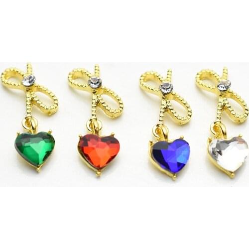 10Pcs Gold Bowknot Red Green 3D Nail Art Decorations With Rhinestone Crystal Pendant Heart Charms nails accessories DIY Manicure