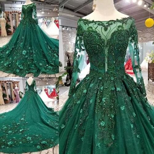 2019 Korean Style Scoop Neck Matta Satin Full Sleeves A Line Green Wedding Dresses Lace Up Back With Beadings 3D Flower
