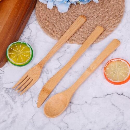 3pcs/set Cutlery Set Fork Cutter Cutting Reusable Kitchen Tool With Bag Useful Japanese Style Wood Bamboo Wooden