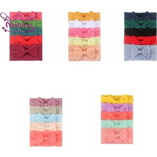 5pcs/lot Toddler Soft Comfortable Nylon Headband Solid Color Handmade Bowknot Elastic Hairband Baby Headwear Clothing Decoration