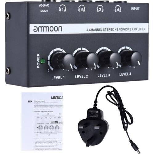 Ammoon HA400 Ultra-compact 4 Channels Mini Audio Stereo Headphone Amplifier with Power Adapter