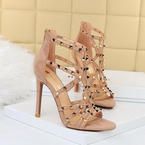 BIGTREE Roman Shoes Women Flock Metal Rivet Hollow Sandals Back Zipper Fashion Open Toe Party Thin Heels Female Pumps Black Nude