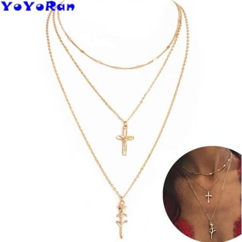 11Piece gold 3 layer chain Jesus Cross rose flower pendant necklaces for woman tassel chain choker charm necklace jewelry
