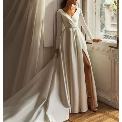 Elegant Long A-Line Satin Wedding Dresses with Pockets Floor Length V-Neck Vestidos de novia Abendkleider Bridal Gowns for Women