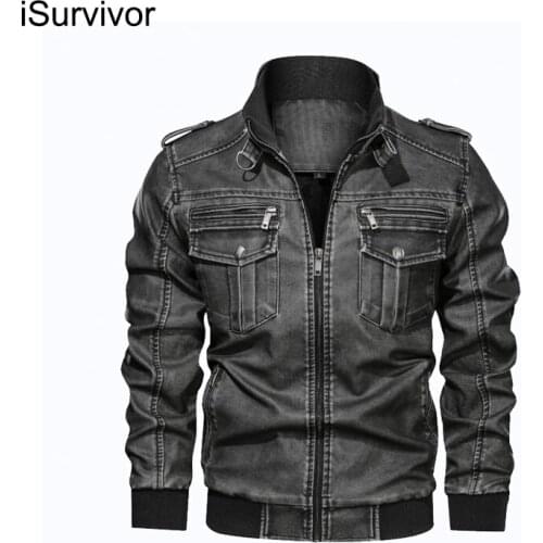 ISurvivor 2021 Mens Leather Jacket Plus Velvet Washed Middle-Aged And Young Mens Autumn And Winter Leather Jacket Mens Casual