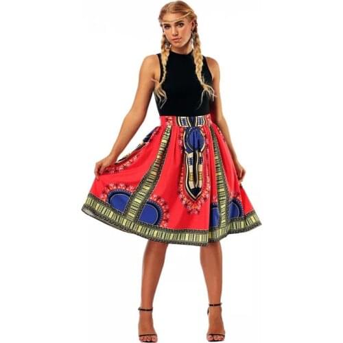Fashion Boho African Dashiki Wax Print Flare Skirt Women Midi Elastic Waist Band Gathered Skirt Hippie Pleated Outfit For Ladies