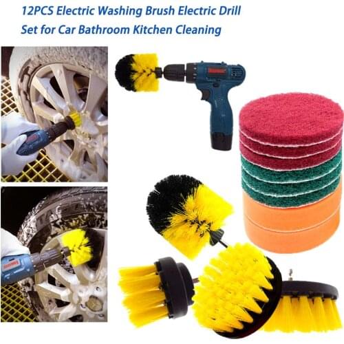 12/3PCS Electric Washing Brush Electric Drill Set Scrubber Brush Drill Brush Kit for Carpet Car Tires Bathroom Kitchen Cleaning
