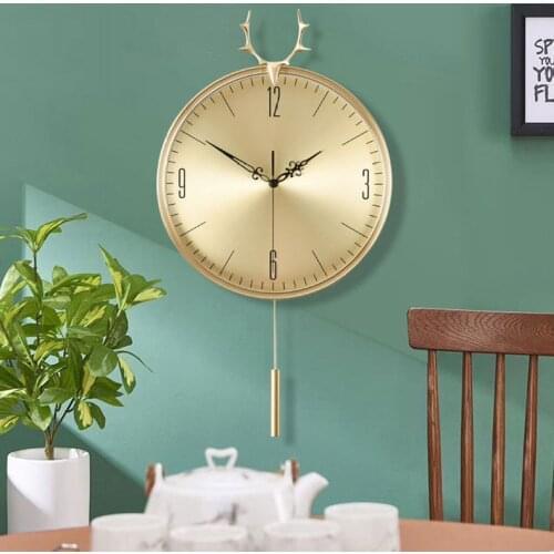 Nordic pure copper deer head wall clock living room decoration fashion creative clock mute interior decoration wall clock