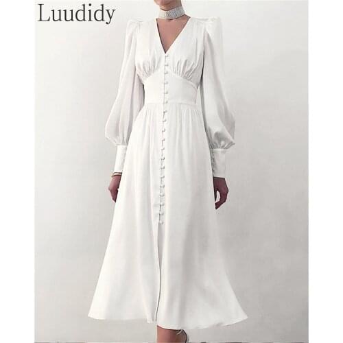 Women Solid Color V-Neck Satin Lantern Sleeve Slim Waist Button Detail Midi Dress