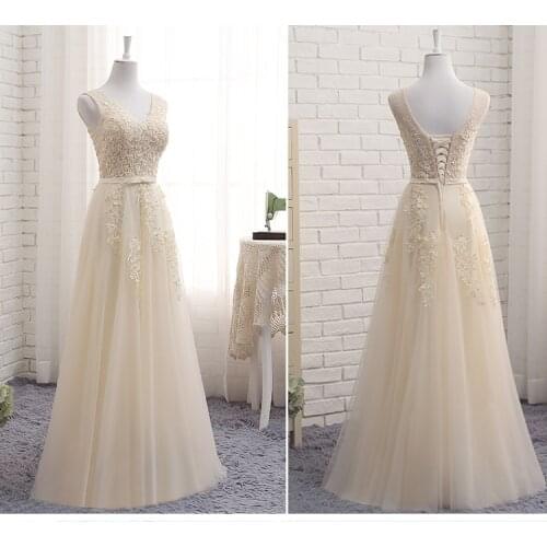 Beauty-Emily V-Neck 2019 Evening Dresses Long Sleeveless Lace Appliques Tulle Prom Formal Dress Lace Up Back Vestido de noche