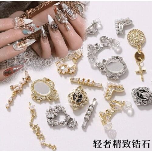5pcs/lot Luxury Mirror pendant 3D Nail Art Zircon Crystal Pearl metal manicure nail accessories DIY Nail Decorations Nail charms
