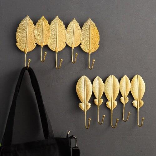 Nordic Modern Home Decor Bathroom Accessories Wall Decoration Golden Iron Leaf Gate hook up Wall Key Hanger Clothes Rack Hooks