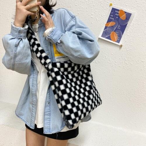 Autumn Plaid Pattern Messenger Bag Cute Women Plush Large Capacity Shoulder Satchel Girls Street Top-handle Handbag Tote