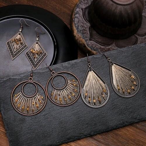Ethnic Silk Geometry Alloy Water Drop Earrings Fashion Jewelry Vintage Gypsy Boho Wood Beads Earrings Oorbellen