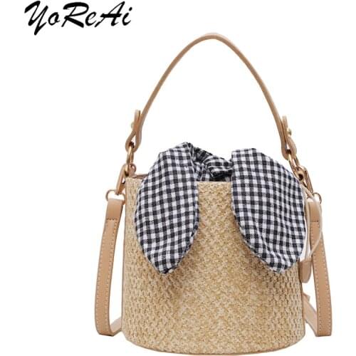 YoReAi Casual Straw Bucket Bag Women Summer Messenger Rattan Bags Beach Lady Travel Purses Handbags Shoulder Bohemian Handbag