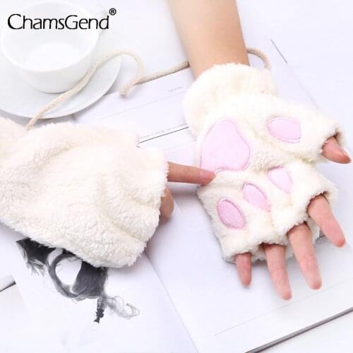 Women Bear Plush Cat Paw Claw Gloves Winter Faux Fur Cute Kitten Fingerless Mittens Gloves Plus Velvet Thickening Warm Gloves