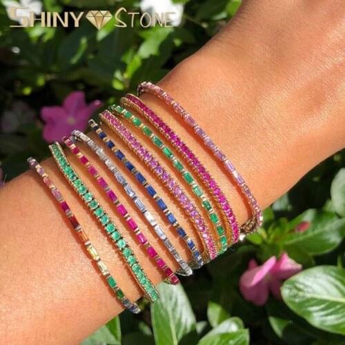 Fashion Sparking Baguette Cubic Zirconia Bracelet For Women Luxury Rainbow Cz Tennis Geometric Colorful Bangle 17cm 19cm