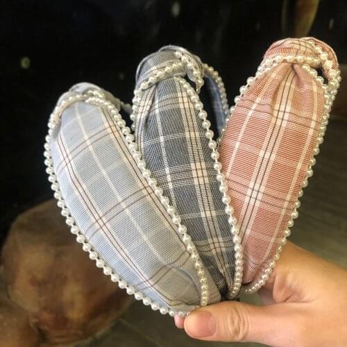 Charm Wood Sweet Knotted Pearls Women Hair Hoop Elegant Beads Plaid Female Girls Headband Plaid Students Hair Accessories