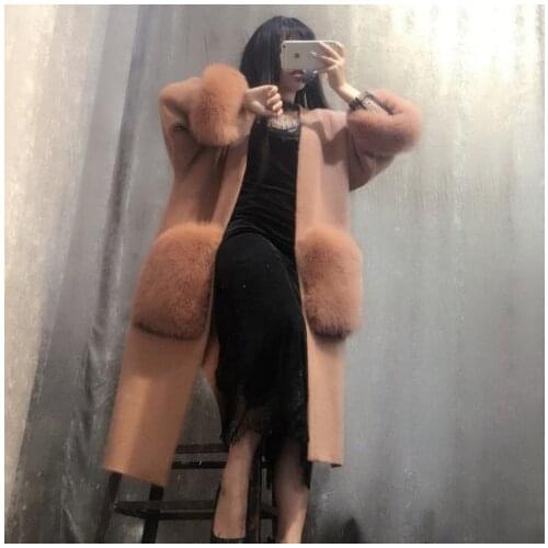 NEW women knitted mink cashmere sweater with big fox fur pocket ladies cardigans free shipping